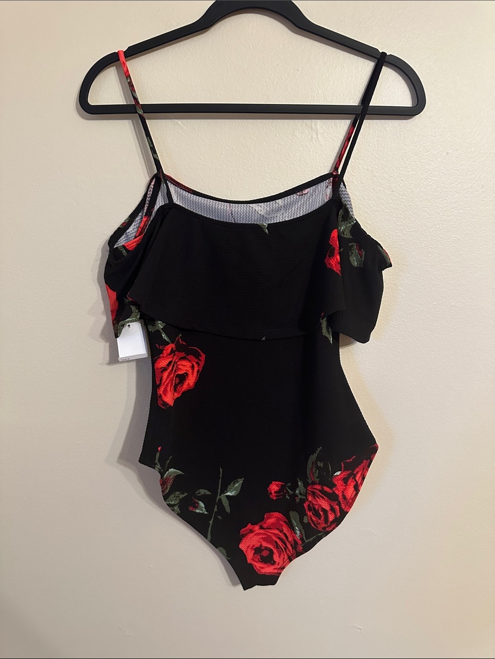 Floral Off-Shoulder One-Piece in Black with Red Roses - Picture 2 of 2